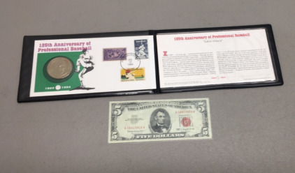 (1) 125th Anniversary of Professional Baseball “Sultan of Swat” and stamps 1994 (1) 1963 Red Seal $5 Bill