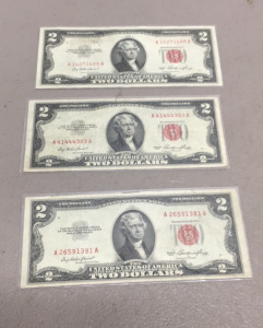 (3) Vintage 1953 Red Seal $2 Bills