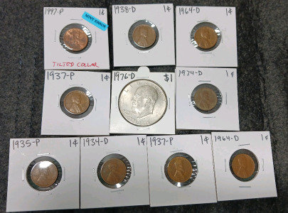 Liberty Dollar, (9) Pennies (Year and Mint in Photos)