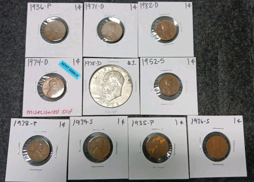 Liberty Dollar, (9) Pennies (Year and Mint In Photos