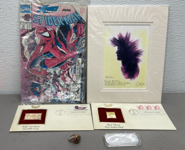 Haiku Artwork, (2) First Day Issue Stamps, Ring Size 10-1/2, Marvel Comic Spider-Man.