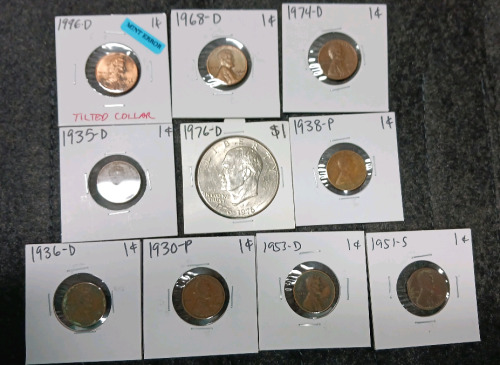 Liberty Dollar, (9) Pennies (Year and Mint In Photos)