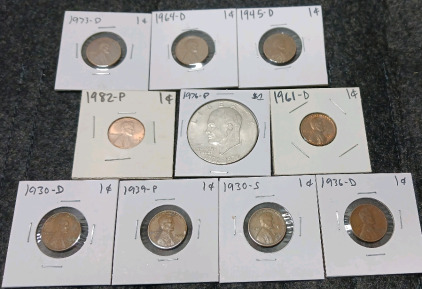 Liberty Dollar, (9) Pennies (Year and Mint In Photos)