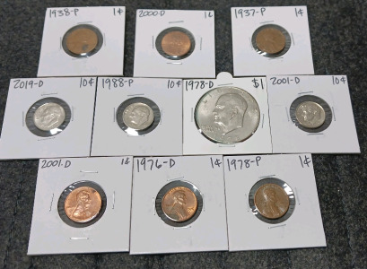 Liberty Dollar, (3) Dimes, (6) Pennies (Year and Mint In Photos)