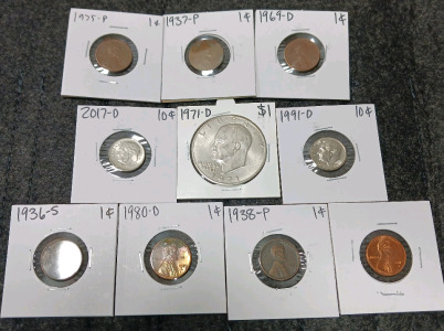 Liberty Dollar, (2) Dimes, (7) Pennies (Year and Mint In Photos)