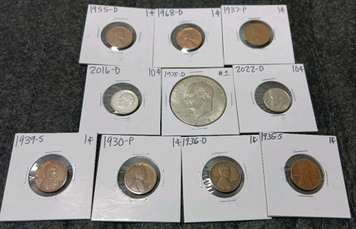 Liberty Dollar, (2) Dimes, (7) Pennies (Year and Mint In Photos)