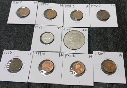 Liberty Dollar, 1978 Nickel, (8) Pennies (Year and Mint In Photos)