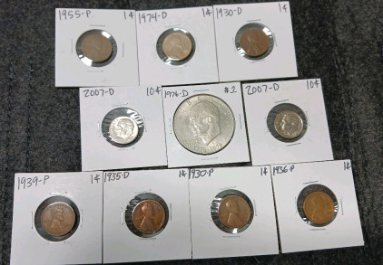 Liberty Dollar, (2) Dimes, (7) Pennies (Year and Mint In Photos)