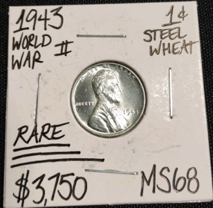 (1) 1943 RARE MS68 World War II Steel Wheat Penny