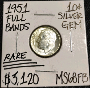 (1) 1951 MS68FB Full Bands Silver Gem Rare Roosevelt Dime