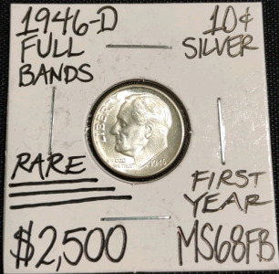 (1) 1946 First Year MS68FB Full Bands Silver RARE Roosevelt Dime