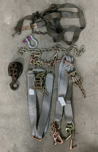 (1) Automotive Towing & Recovery Lot - Chains, V Bridle Strap, & Block Pulley [SP13]