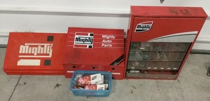 (3) Mighty Auto Parts Organizers Lot - Wall-Mountable Cabinets w/ Various Contents [SP11]