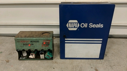 (2) Vintage Automotive Displays – NAPA Oil Seals Cabinet - 16"×20" & Perfect Repairs Box - 13"×9⅛" [SP11]