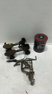 Antique George Washington Cut Plug Tobacco Tin, Antique Cast Iron Cherry Pitter, Antique Roller Skate Set