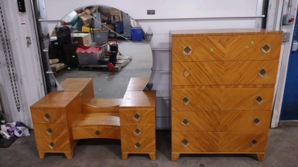 (1) 36½"x 20"x 50½" Mid-Centry (Light) Wooden Dresser & (1) 48½"x 21"x 61" Mid-Centry Vanity w/ Mirror Piece