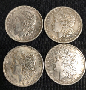 (4) 1884 to 1887 Lady Liberty Dollar Coins-Collectable Replica Coins