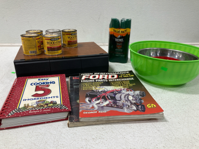 Cassette Holder, Wood Stain Cans, Insect Repellent Spray, Books, And More!