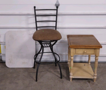 (1) 20"x 23"x 27¼" Wooden End Table w/ Drawer, (1) Swivel (Dark) Metal (Brown) Padded Chair, & (1) 23¾"x 29¾"x ¾" Table Top to a Metal Pole Table