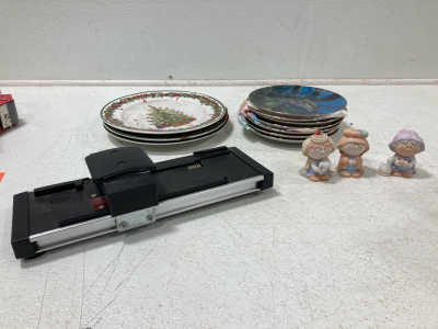 (1) Manual Credit Card Imprinter, (3) Christmas Plates, (7) Decorative Fish Plates, (3) Bumpkins Ceramics