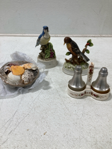 (1) Assorted Sea Shells, (2) Bird Music Boxes, (1) Vintage Salt and Pepper Shaker