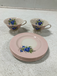 (2) Glass Teacups Pink and White with Blue Flowers With (4) Matching Plates