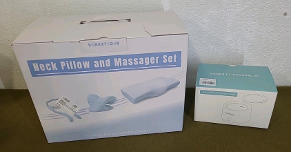 (1) High Power Ultrasonic Cleaner, (1) Neck Pillow & Massager Set & (1) Box Of Assorted Amazon Overstock/ Returns