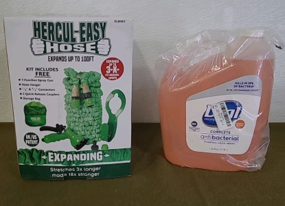 (1) Hercul-easy 100-Foot, Expanding Hose Kit, (1) 1-Gallon Jug Of Dial, Antibacterial Foaming Hand Wash & (1) Box Of Assorted Amazon Overstock/ Returns