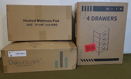 (1) Heated Mattress Pad, King, (1) Reading Pillow W/Arms, Beige & (1) Small 4-Drawer Side Table/Dresser