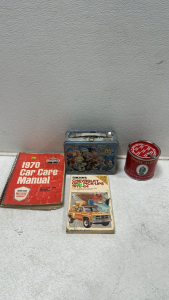 Vintage 1984 Fraggle Rock Lunch Box, Vintage Prince Albery Crimp Cit Tobacco Tin, Vintage 1970 Car Care Manual, Vintage Chiltons Repair & Tune-Up Guide