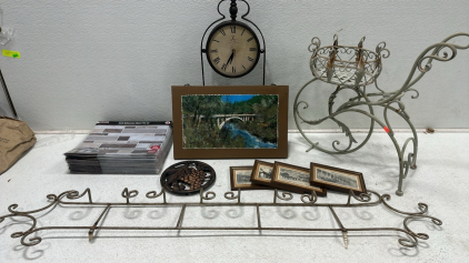 Rustic Standing Clock Decoration, Metal Ornate Lawn Decor, Metal Hanging Coat Rack, Dan Looney Gallery Bridge Painting, (4) Framed Old Photos of Silvercity, (20+) 12” Self Adhesive Wall Tile