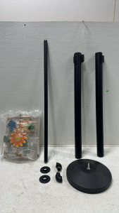 (2) Crowd Control Stanchion Post Set, (1) Black Metal Hand Rail, (2) Metal Sunflower Garden Trellis