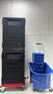 (2) Cambro Black Styrofoam Locker, (1) Cambro Creeper Dolley, (1) Blue Mop Bucket