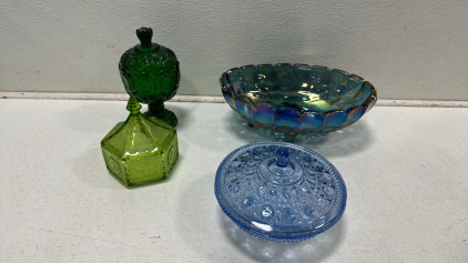 Carnival Glass Centerpiece Bowl, (3) Various Colored Glass Candy Dishes