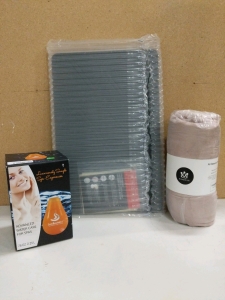 1) Brightbay DiatomEarth Bath Mat, (1) SilkBalance Spa Water Conditioner, (1) All Seasons Velvet Blanket and Whole Box Amazon Overstock (sp2)