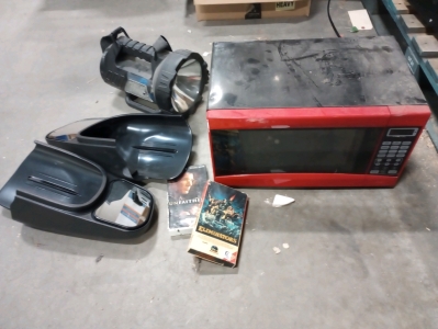 Box of VHS Tapes, Large Flashlight, Towing Mirror and More (R3)