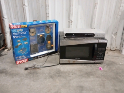 (1)DVD player Toshiba, (1) microwave west bend and (1) Ryobi Air grip multitakit