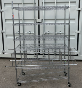 (1) Six Tier Rolling Shelf 18”x4’x76” (1) Six Tier Shelf 11”x11”x64”