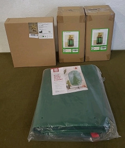 (1) Pull Over Christmas Tree Cover, (1) Gold, Lighted Christmas Tree Topper, (2) Gold & Green Glass Lanterns & (1) Box Of Assorted Christmas Decor