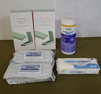 (2) Tech Candy UV Sanitizers, (1) 30-Count Container Of Gonzo Disinfecting Wipes, (2) 80-Count Packs Of Hand Sanitizing Wipes & (1) 60-Count Pack Of Water Wipes