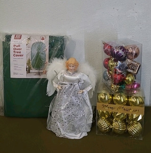 (1) Pull Over Christmas Tree Cover, (1) Silver Angel, Lighted Tree Topper, (2) Containers Of Christmas Tree Ornaments & (1) Box Of Assorted Christmas Decor