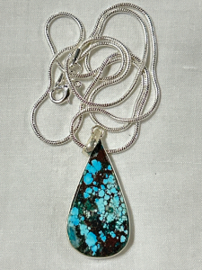 Natural Turquoise Teardrop Pendant On .925 Necklace