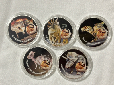 (5) Jurassic Time "Dinosaurs" Silver Plated Collectible Coins