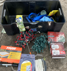 Storage Box With Christmas lights, Drain Pipe, & Miscellaneous Items Inside