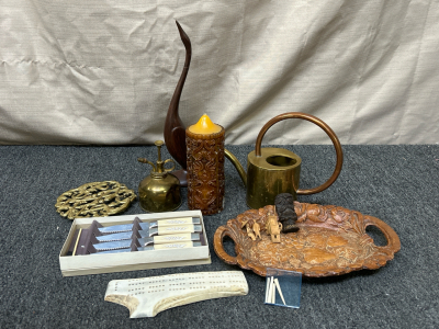 Collectible Items Including: Brass Toned Water Can and Oil Can, Decorative Wood Tray, and Sheffield Steak Knife Set and More