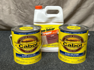 Can Of Partial Wood Stripper and (2) Cans of Cabot Woodcare Clear Solution