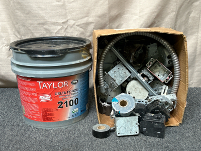 Partial Bucket of Taylor Delta Force Carpet Adhesive and Bix Of Hardware