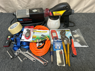 New 50' Extension Cord, Tools, Air Compressor, Wagner Sprayer and More