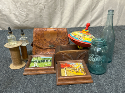 Vintage Leather Bag, Bottle and Jar, and More