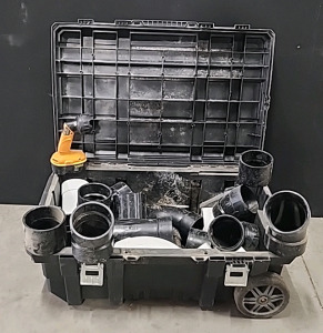 Husky Plastic Job Box with 4" PVC Fittings 90°s/45°s/why's/Couplings/Dewalt Flashlight and More...